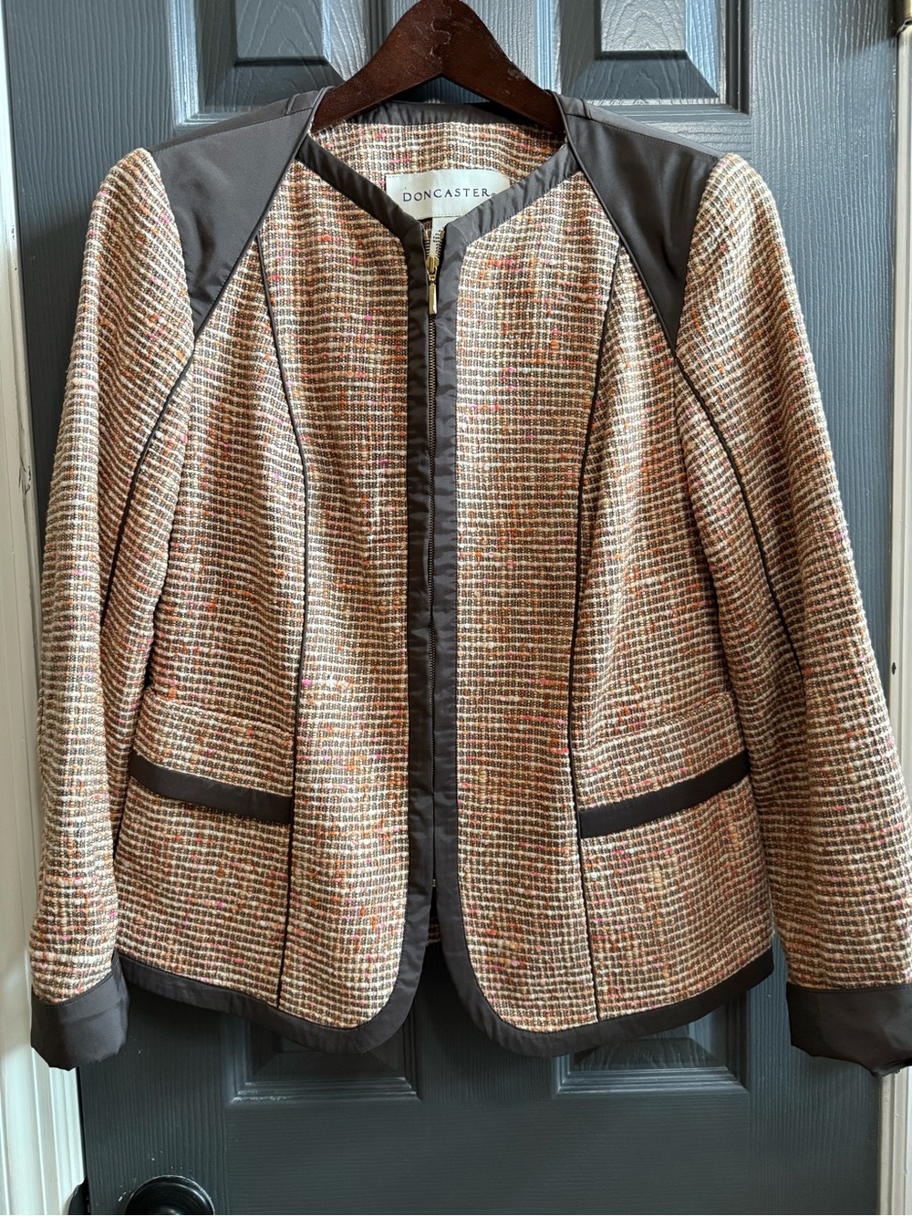 Doncaster Size 8 Silk Blend Tweed Quiet Luxury Blazer Jacket Brown Multi